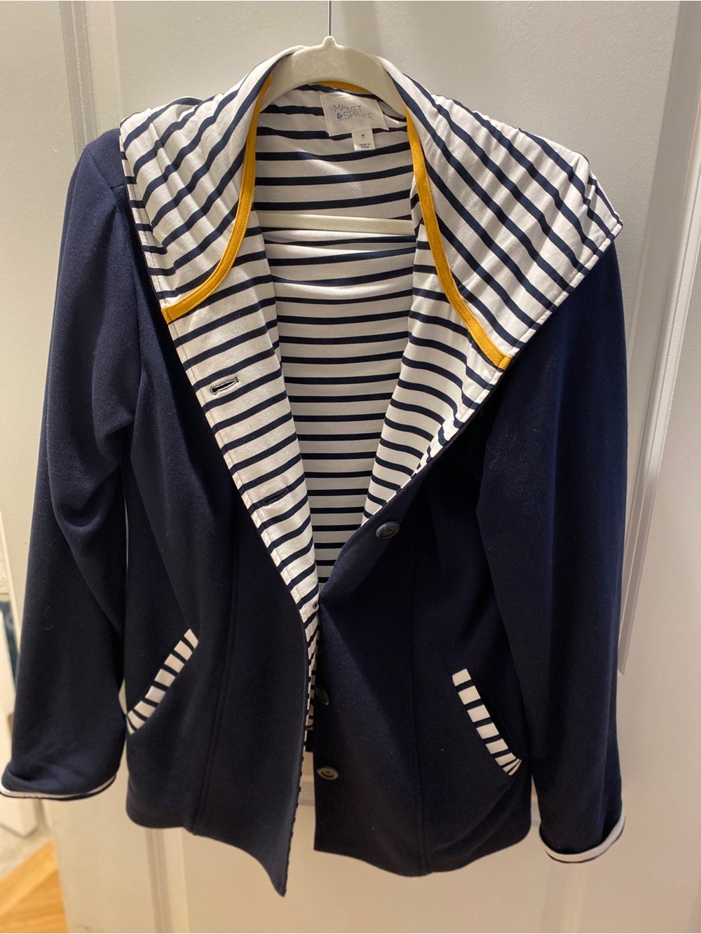 Market & Spruce Navy Jacket with White Stripe Lining and Yellow Trim